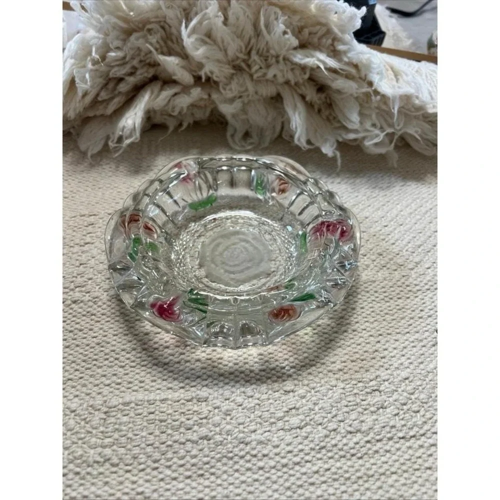 Vintage Glass Ashtray‎ With Rose Design Red & Green Accents